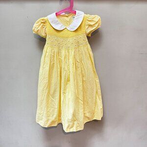 Vintage Yellow Smocked Baby Dress With White Collar & Puff Sleeves By Angels Kid